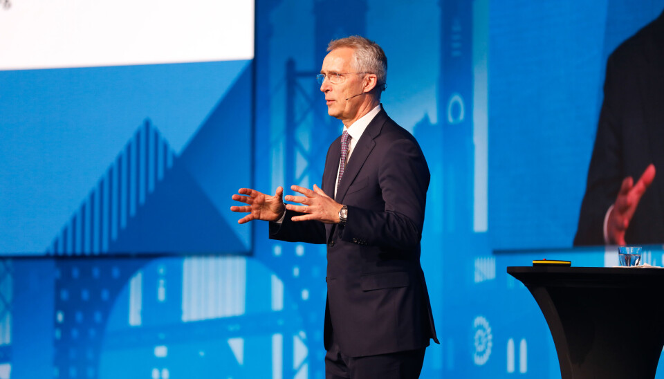 Finansminister Jens Stoltenberg fotografert mens han holder innlegg på Finansnæringens dag 2025, 9. april.