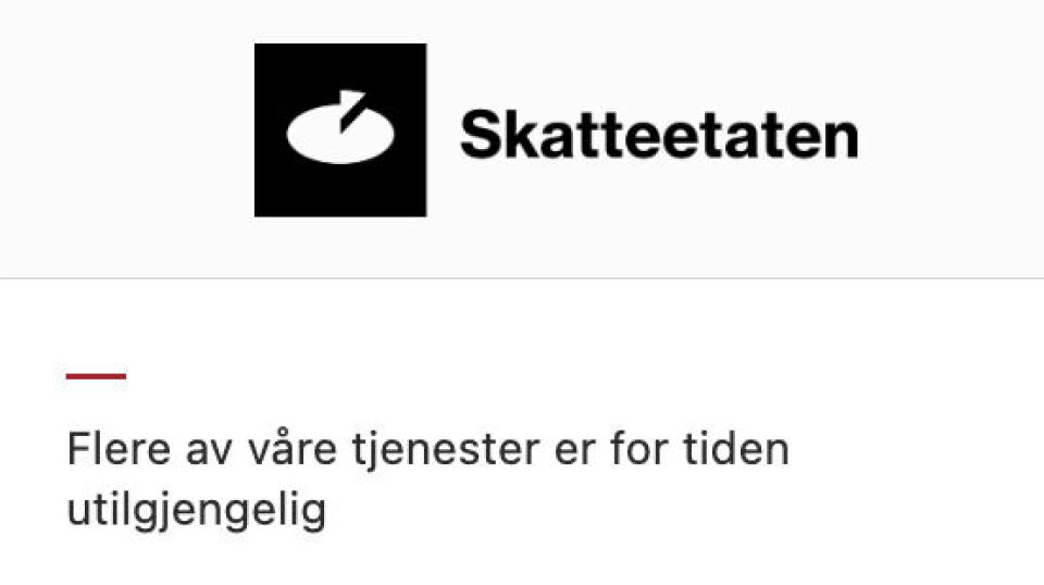 Flere av Skatteetatens system-til-system-løsninger er nede Skjermdump av melding fra Skatteetaten