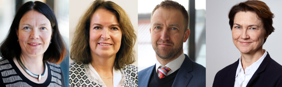 FULL AV PEP: Fire eksempler på embetspersoner som vil falle inn under den nye definisjonen av PEP som regjeringen har foreslått. Fra venstre: Regjeringsråd Anne Nafstad Lyftingsmo, Departementsråd Heidi Heggenes (Justisdepartementet), Finansråd Lars-Henrik Myrmel-Johansen (Finansdepartementet) og Departementsråd Mette I. Wikborg (Næringsdepartementet).